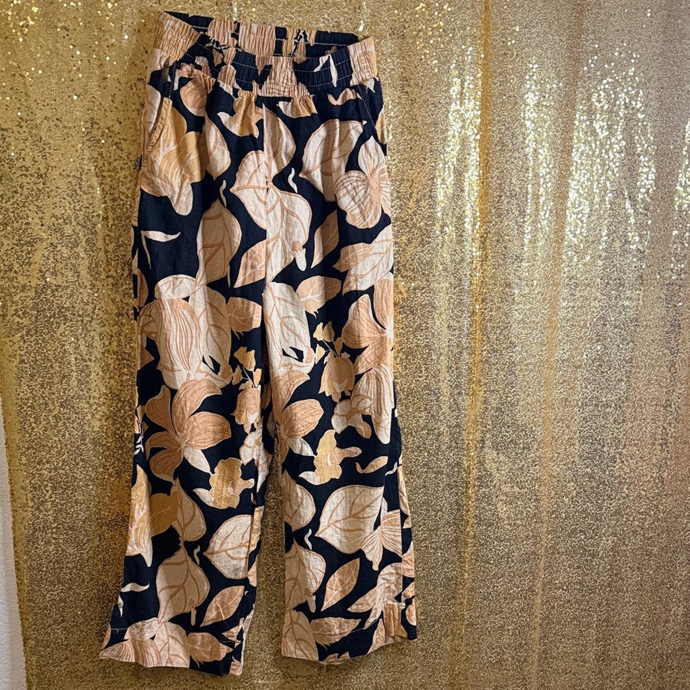 Rachel Zoe Black Gold Wide leg Linen Rayon Pull on pants